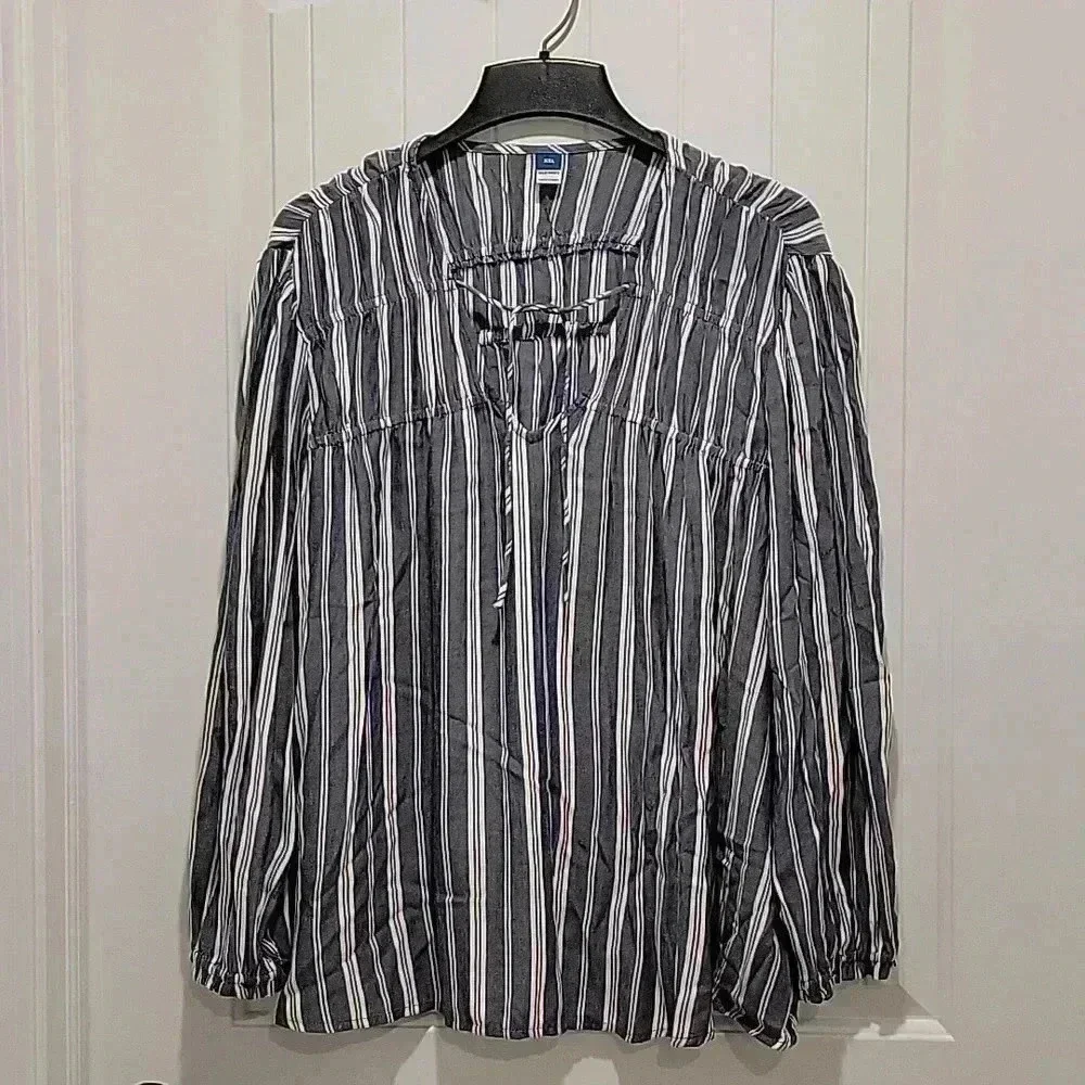 Old Navy Blue White Vertical Stripe Long Sleeve Blouse Size XXL - Picture 1 of 8